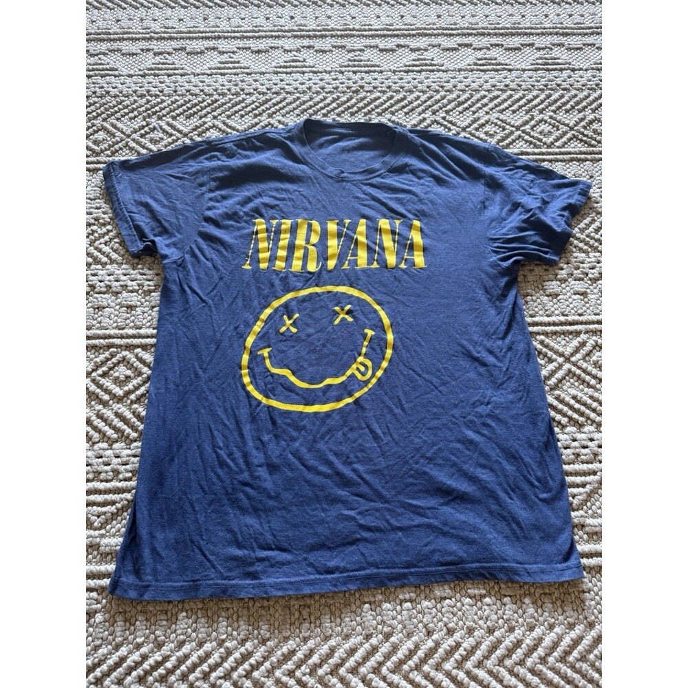 Men's XL Nirvana Band T-Shirt Blue Yellow Smiley Face Cotton Blend